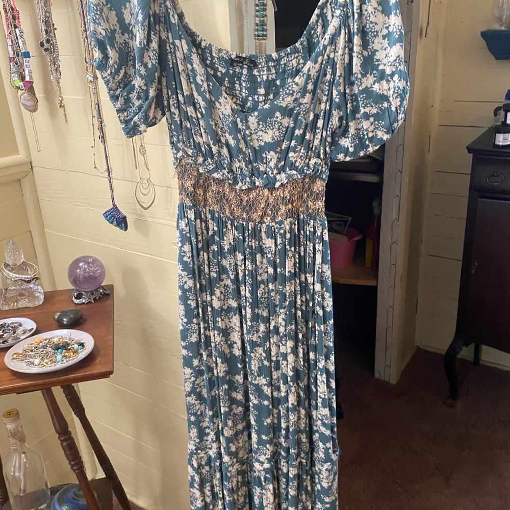 Black Tape Blue and White Off-the-Shoulder Maxi Sundress